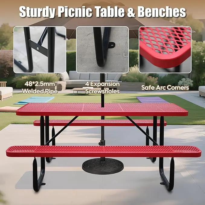 6FT Metal Picnic Tables for Outdoors, Commercial Rectangular Picnic Table and Bench Set for Outside, Patio, Garden, Backyard, Porch, Surface Mount, Red by GreenHaven Gardens