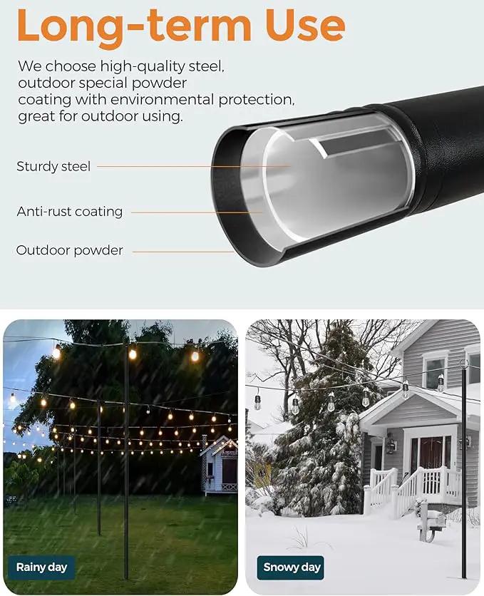LAND·VOI Metal String Light Poles for Outside Hanging - Backyard, Garden, Patio, 2 Pack Lighting Stand with Adjustable Height for Outdoor Parties, Wedding, Extra-Long 5-Prong Claws, (9.6FT) FLP02B by GreenHaven Gardens