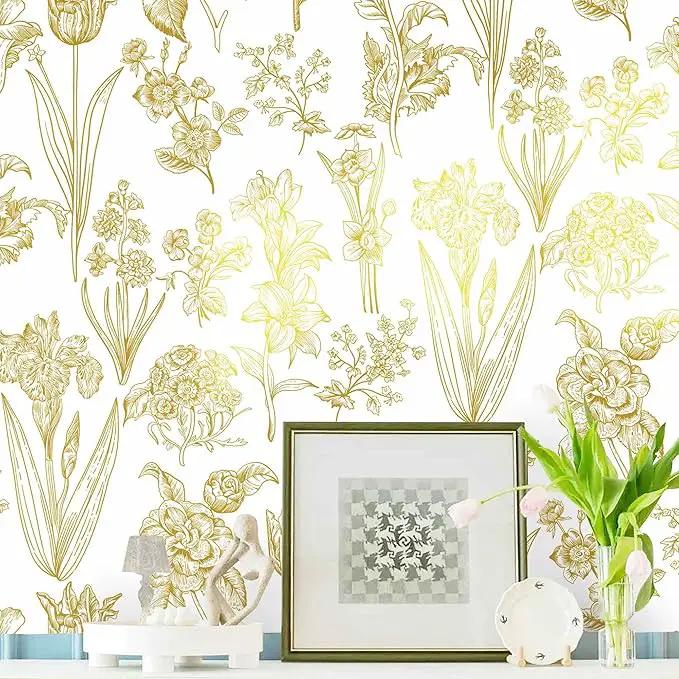 Dimoon 393"x17.3" Floral Wallpaper Peel and Stick Flowers Golden White Contact Paper Thicken Waterproof Modern Self Adhesive Plants Wallpaper Removable Wall Paper Shelf Vinyl Roll by GreenHaven Gardens