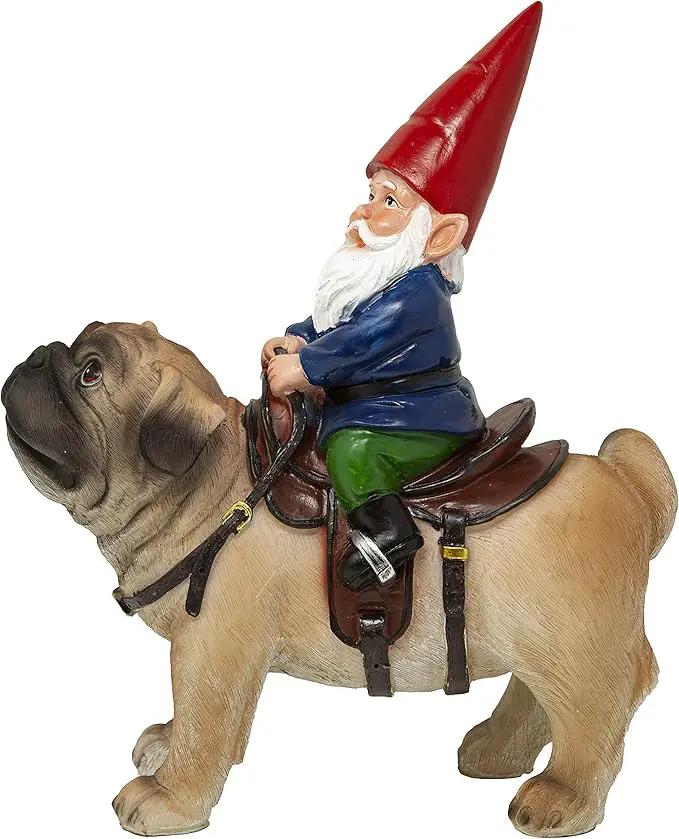 Funny Guy Mugs Garden Gnome Statue - Gnome Riding a Pug - Indoor/Outdoor Garden Gnome Sculpture for Patio, Yard or Lawn by GreenHaven Gardens