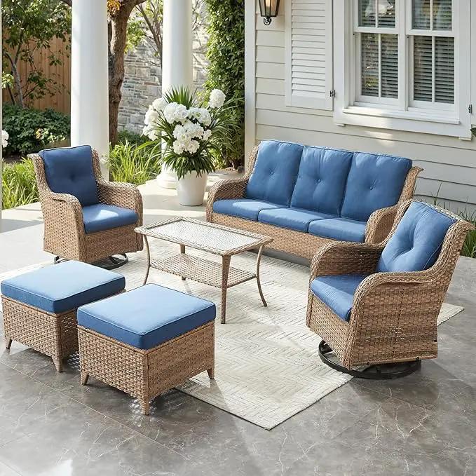 Outdoor Wicker Patio Furniture Set - 6 Piece Rattan Patio Conversation Set with 2 Rocking Swivel Chairs,2 Ottomans,1 Sofa and 1 Coffee Table for Porch Deck Backyard Garden(Yellow/Blue) by GreenHaven Gardens