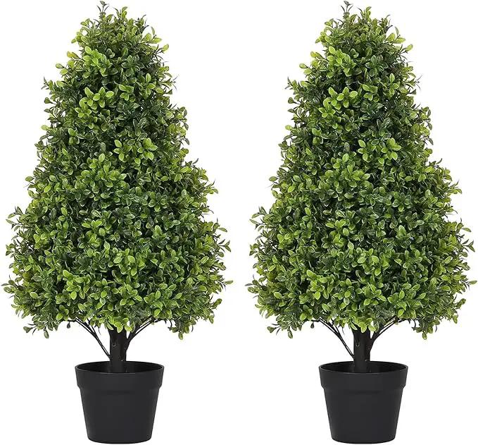 30" Artificial Boxwood Faux Plants Outdoor, UV Resistant Topiary Trees Realistic Cone-Shaped Fake Bushes and Shrubs Potted Fakeplants Set of 2 for Front Porch Patio Outside Planter Decor by GreenHaven Gardens