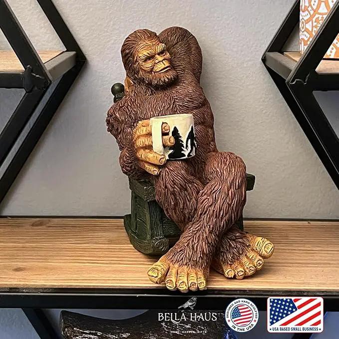 Bella Haus Bigfoot Garden Statue | Sasquatch Enjoying Morning Coffee | Whimsical Bigfoot Cabin Décor for Yard Patio Office or Home | Mythical Coffee-Loving Sasquatch Figurine | Hand-Painted Resin by GreenHaven Gardens