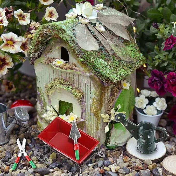 Miniature Fairy Garden Accessories Set 9 Pcs 1:12 Mini Metal Spade Pestle Kettle Wagon Rake Garden Watering Supplies Micro Landscape Ornaments Dollhouse Accessories by GreenHaven Gardens