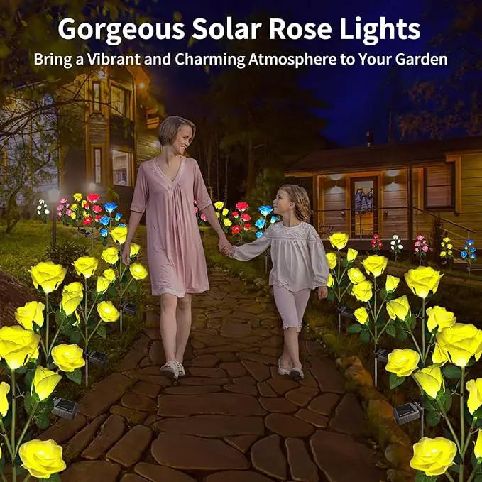 Solar Garden Lights, Solar Outdoor Lights with More Realistic 10 Rose Waterproof Solar Powered Flowers Lights for Outside Patio Yard Pathway Decorations, 2 Pack Yellow by GreenHaven Gardens
