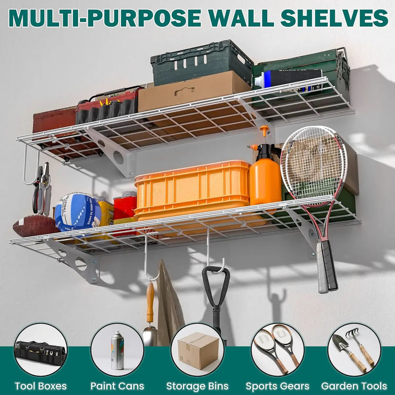 EVERHANGER Garage Wall Shelves, 12 X 48 Inch Wall Mounted Storage Shelves, Heavy Duty Metal Shelving with Hooks, 2 Pack, White by GreenHaven Gardens