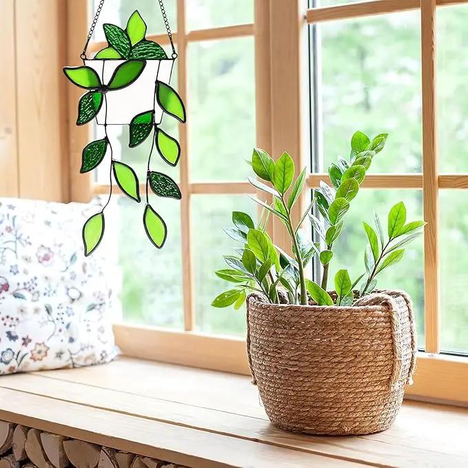 Stained Glass Window Hanging Green Plant Window Suncatcher Handcrafted Green Faux Plant Window Wall Glass Panel Decor for Plant Lovers,Unique Home Indoor&Outdoor Decor by GreenHaven Gardens