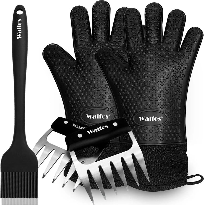 Walfos BBQ Gloves - 500°F Heat Resistant Grilling Gloves Set with Meat shredding Claws & Silicone Brush, Non-Slip Kitchen Silicone Oven Mitt, for Barbecue, Cooking, Baking, Cutting, Black by GreenHaven Gardens