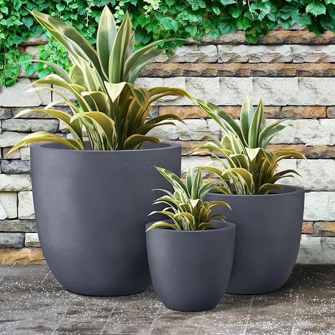 Kante 18",14",10" Dia Concrete Round Planters (Set of 3), Outdoor Indoor Large Planter Pots with Drainage Hole and Rubber Plug for Home Patio Garden, Charcoal by GreenHaven Gardens