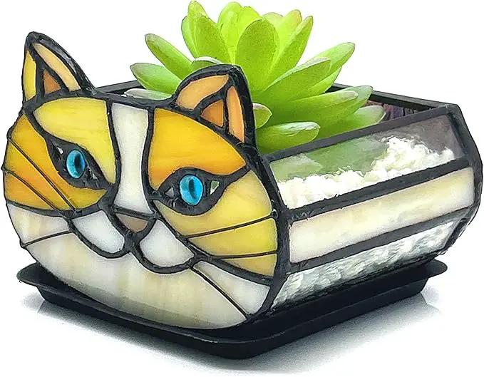 Stained Glass Yellow Cat Flower Pot,Small Succulent Planter for Indoor Plants,Cat Plant Decoration for Windowsill 4.33x3.54x2.95 in（Excluding Plants） by GreenHaven Gardens