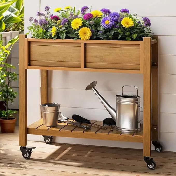 YITAHOME Raised Garden Bed, HIPS Poly Wood Elevated Planter Box with Shelf & Wheels for Mobility, Small Flower Box Stand for Patio Balcony Garden Backyard, Teak by GreenHaven Gardens