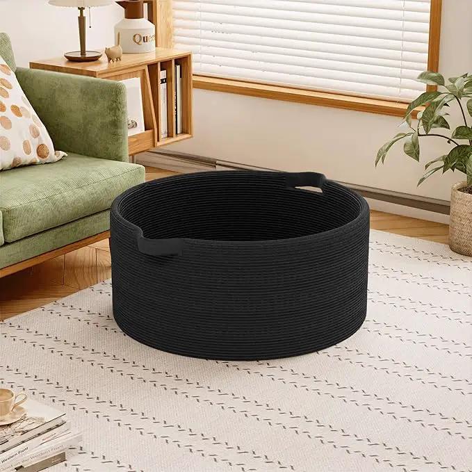 125L Extra Large Blanket Basket, 25" x 16", Jumbo Laundry Woven Baskets Decorative Home, Cotton Rope Basket with Handles, Baby Toy Baskets for Storage, Black, 2PC by GreenHaven Gardens