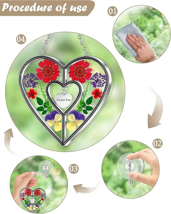 KY&BOSAM Heart Suncatchers I Love You Stained Glass Hangings for Windows Suncatcher Birthday Gifts for Women Mothers Valentine`s Day Real Flower Glass & Metal Maker for Christmas Party Home Decor by GreenHaven Gardens