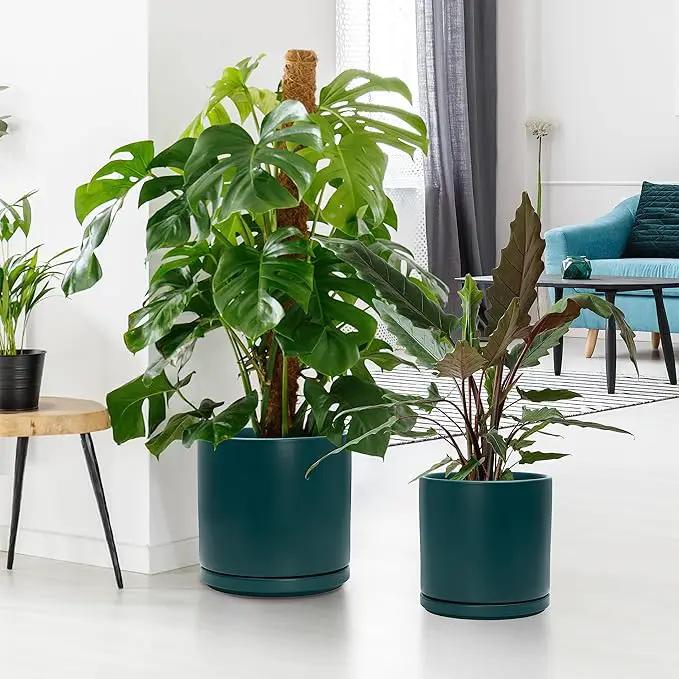 D'vine Dev 8 Inch & 10 Inch Ceramic Planter Pot for Plants with Drainage Hole and Saucer, Large Plant Pots Set, Teal, 94-G-L-9 by GreenHaven Gardens