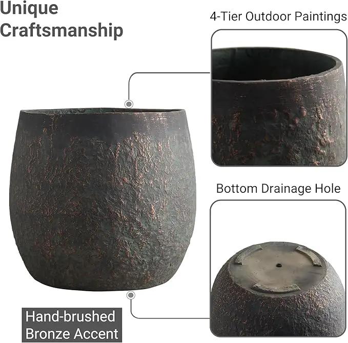 Large Outdoor Planter, 17.32"+12.99"+9.06" Dia Round Weathered Concrete Planter Set of 3, Flower Pots with Drainage Holes, Sealing Plug for Garden, Patio, Home, Office, Greenish Bronze Rust by GreenHaven Gardens
