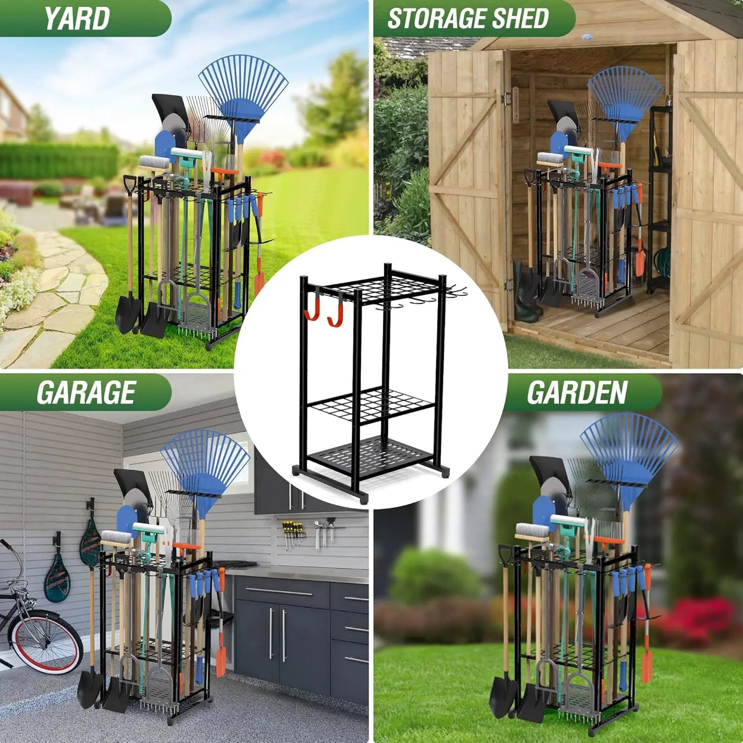 Garden Tool Organizer Rack Up to 50 Tools, Heavy-Duty Steel Yard Tool Organizer for Garage Storage with 11 Hooks, Broom Holder & Garden Tool Rack for Shed, Patio, Outdoor Use, Black by GreenHaven Gardens