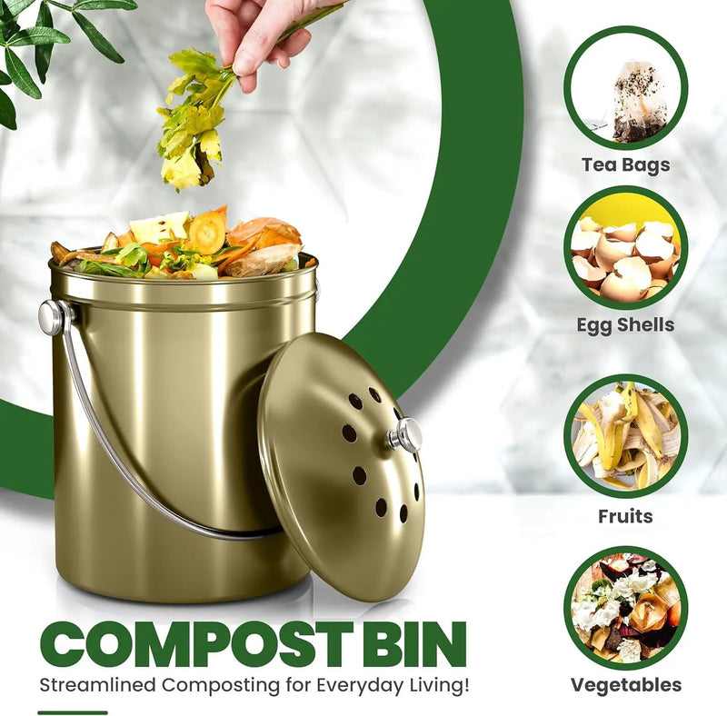 Utopia Kitchen Compost Bin for Kitchen Countertop - 1.3 Gallon Compost Bucket for Kitchen with Lid - Includes 1 Spare Charcoal Filter (Gold) by GreenHaven Gardens