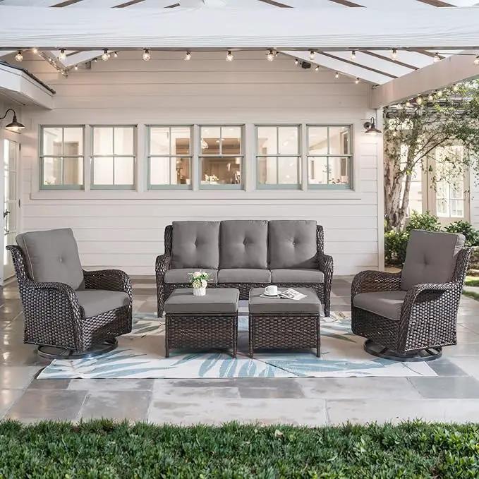5 Piece Outdoor Patio Furniture Set - Wicker Furniture Patio Conversation Set, Outdoor Swivel Rocker Chairs with 3-Seater Sofa and 2 Ottomans for Small Space, Gray Cushion by GreenHaven Gardens