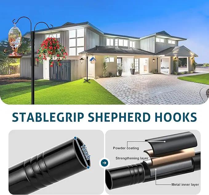 Ottsuls Double Shepherds Hooks for Outdoor, 92 Inch Bird Feeder Pole with 5 Prong Base, Upgrade 1 INCH Thick Heavy Duty Planter Hook for Hanging Baskets, Lantern,1 Pack by GreenHaven Gardens