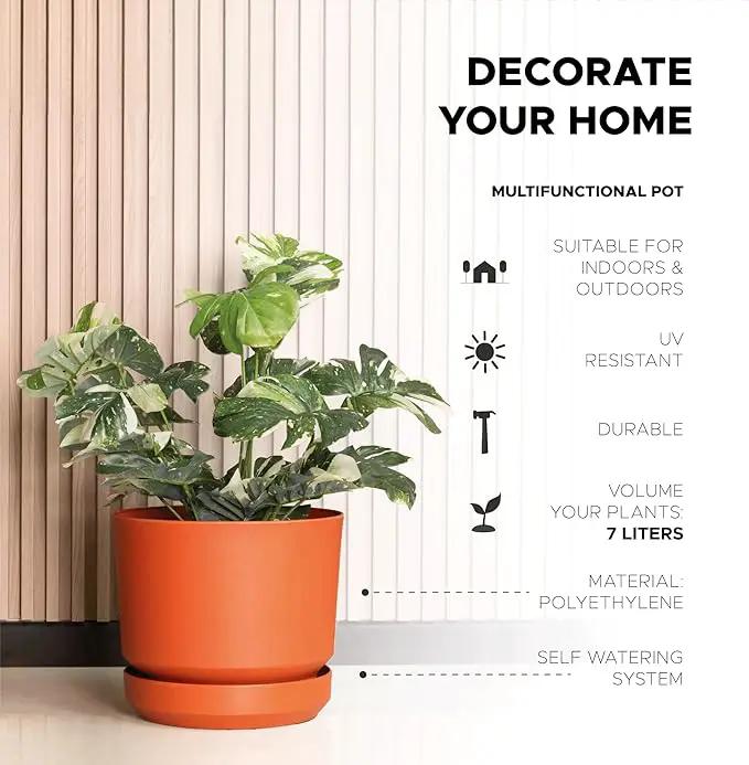 Elly Décor 8 inch Plastic Cylinder Planter Pot with Self-Watering Saucer and Drainage Hole,Lightweight & Extremely Durable, 8"x 8", Terracotta by GreenHaven Gardens