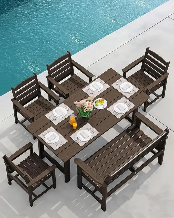SERWALL Outdoor Bench, HDPE Outdoor Benches Weatherproof, 2-Person Garden Bench with 660 lbs Weight Capacity, Patio Benches for Outdoors, Garden, Porch, Backyard and Park, Coffee, 2 Pack by GreenHaven Gardens