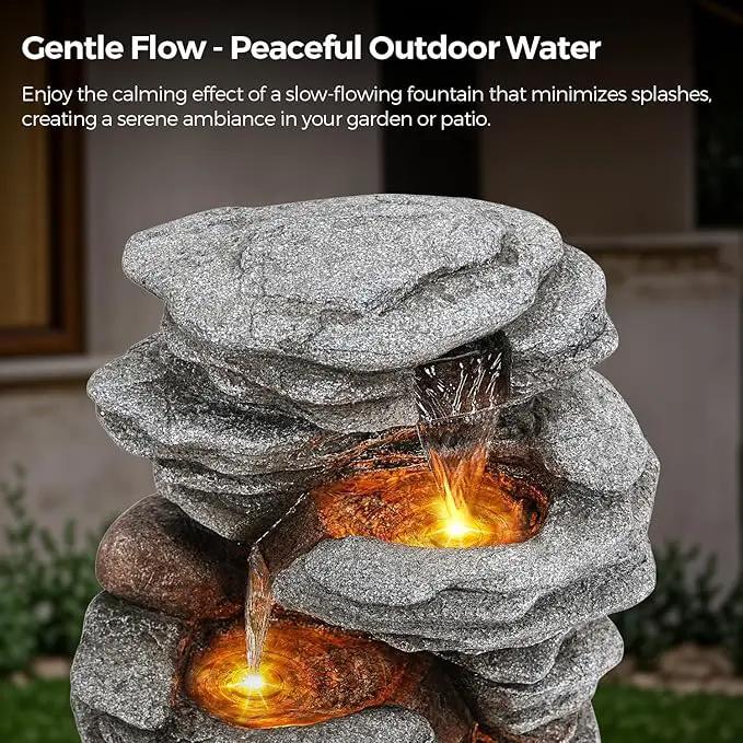 40" Outdoor Water Fountain with LED Lights - 5-Tier Cascading Rock Waterfall Fountain, Natural Rock Look, Ideal for Garden, Landscaping, Patio, Balconies and Yard Decor by GreenHaven Gardens