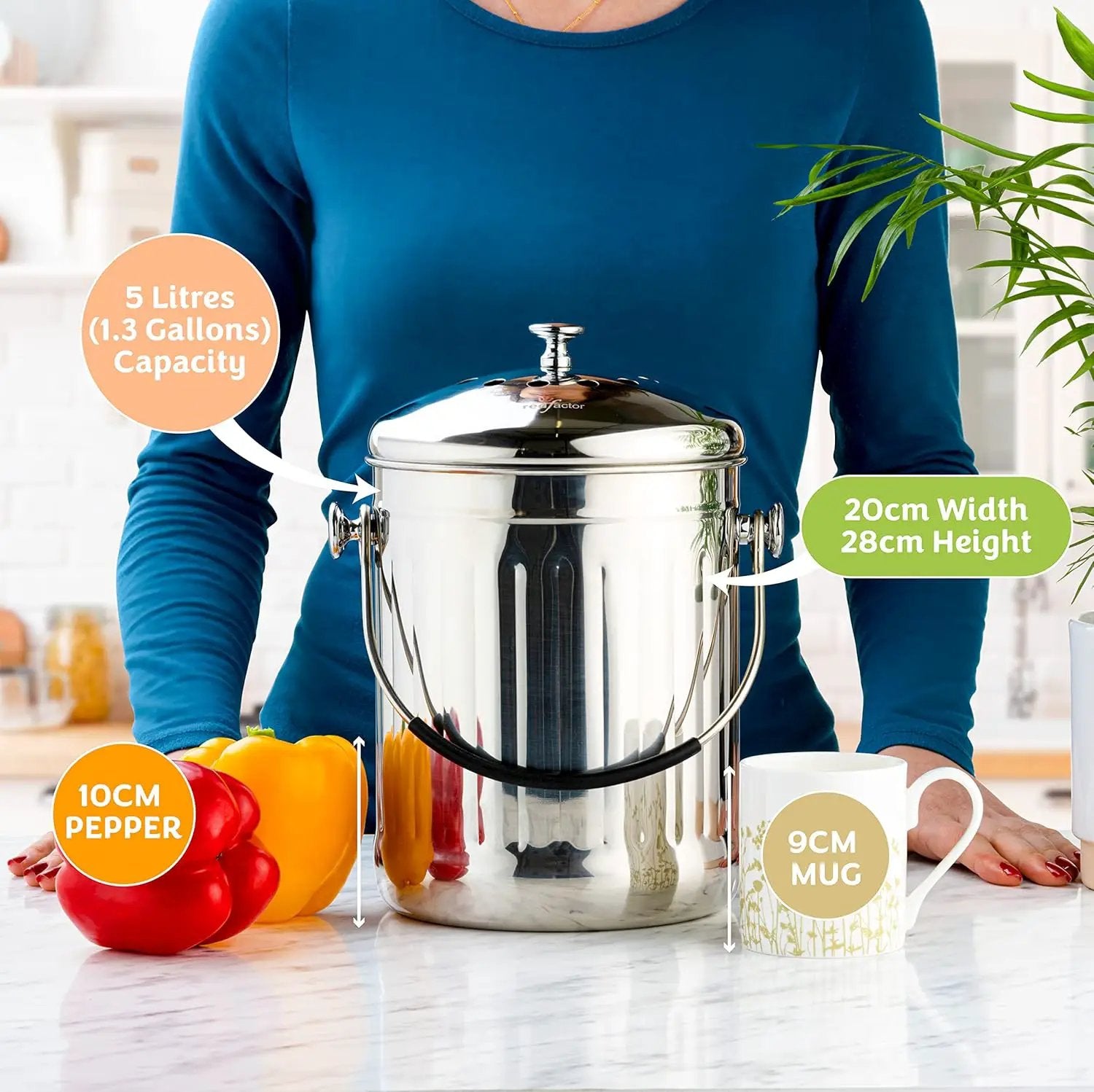 RED FACTOR Premium Compost Bin for Kitchen Countertop - Stainless Steel Food Waste Bucket with Innovative Dual Filter Technology - Includes Spare Filters (Brilliant Steel, 1.3 Gallon) by GreenHaven Gardens