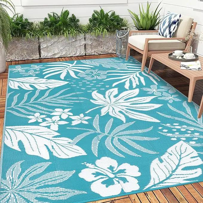 Pauwer Waterproof Outdoor Rug 5x8, Reversible Plastic Straw Patio Camping Rug, Indoor Outdoor RV Mat Carpet for Deck, Camper, Porch, Balcony, Backyard, Picnic, Floral Teal by GreenHaven Gardens