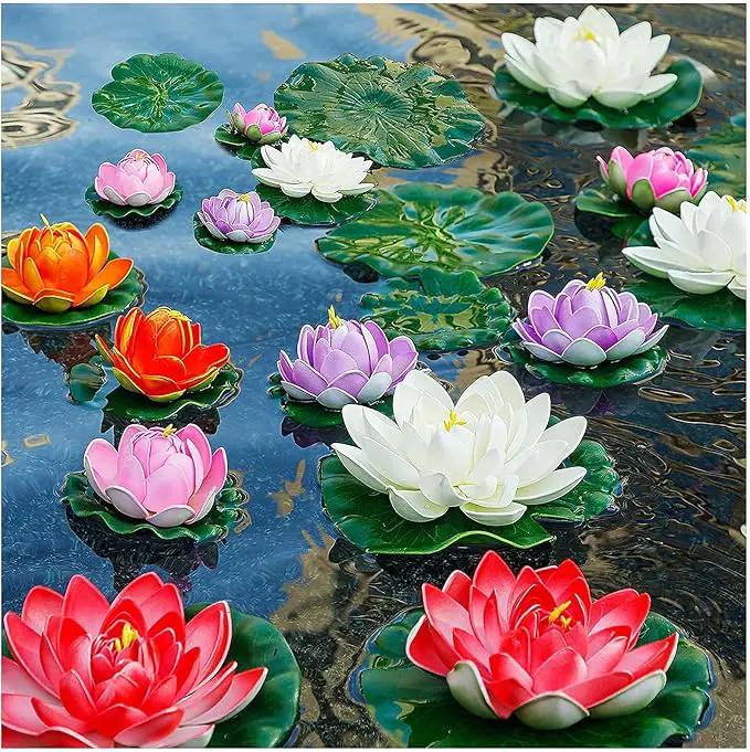 Artificial Lily Pads for Pond, 11in & 6in Artificial Flowers Floating Foam Lotus Flower with Fake Lily Pads, for Pool Garden Koi Fish Pond Aquarium Pool Wedding Decor, 14PCS by GreenHaven Gardens