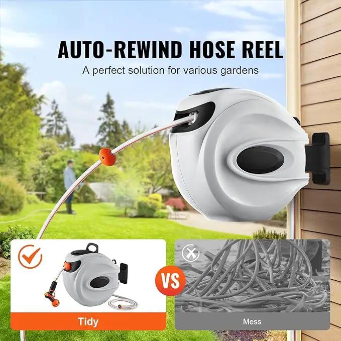 65' x 5/8" Retractable Hose Reel Wall-Mounted with 180° Swivel–Heavy-Duty Automatic Water Hose Storage for Garden,Yard,and Outdoor Use by GreenHaven Gardens