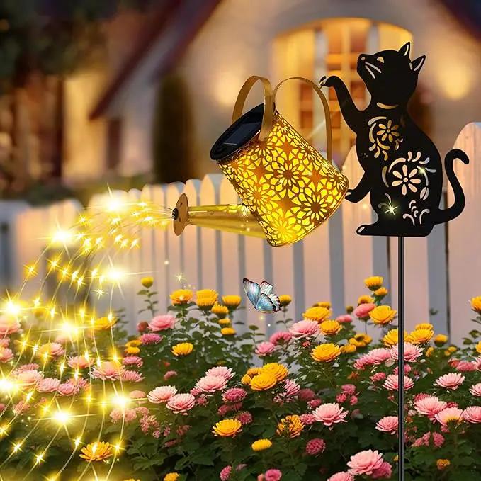Solar Lights Outdoor Decorative, Watering Can with Cascading Lights, with Cat Silhouette Garden Stakes, Waterproof Metal Garden Decor for Yard Art, Outside, Patio, Lawn Ornaments by GreenHaven Gardens