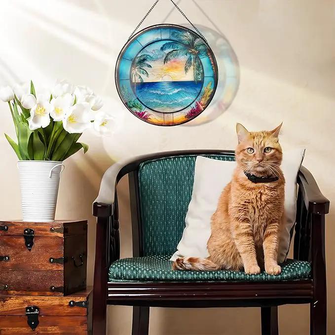 RIVEENY Blue Ocean Sunset Glass Window Hanging Decor,8" Stained Glass Sun Catcher Hanging Decoration with Metal Chain-Sun Catchers for Window Decor Outdoor Garden Decor Gift (Oceans) by GreenHaven Gardens