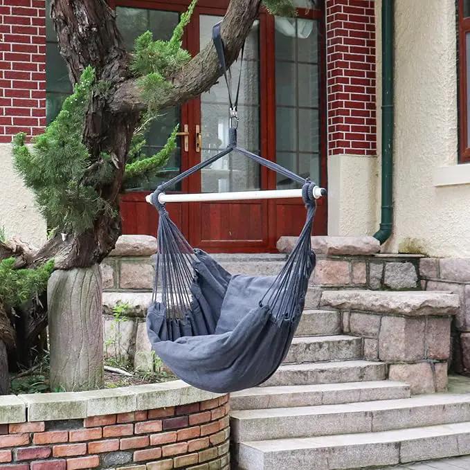 Highwild Hammock Chair Hanging Rope Swing - Max 500 Lbs - 2 Cushions Included - Steel Spreader Bar with Anti-Slip Rings - for Any Indoor or Outdoor Spaces (Grey) by GreenHaven Gardens