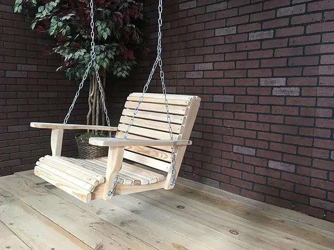 Generic 2FT Cypress Roll Porch Swing Made in USA with Hanging Hardware and Cup Holders, Unfinished Natural Wood Tone by GreenHaven Gardens