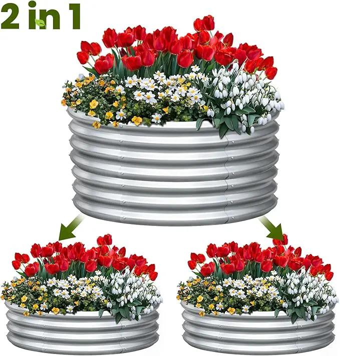 KING BIRD Raised Garden Bed Galvanized Round Planter Box Outdoor for Gardening, Plants, Vegetables, Flowers, Silver, 47x47x12 in 2 Packs by GreenHaven Gardens