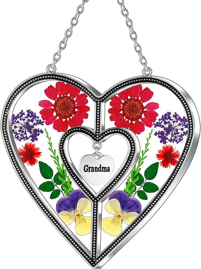KY&BOSAM Heart Suncatchers Grandma Gift Ornament Stained Glass Sun Catcher Garden hangings Windows with Pressed Flower Heart Embedded in Glass Gifts for Grandma Mother`s Day Birthday Gifts by GreenHaven Gardens