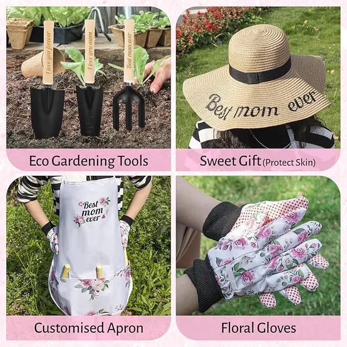 Gifts for Mom,7 Piece Womens Gardening Kit with Pink Gardening Tools,Straw Hat, Floral Gardening Apron and Gloves,Mothers Day Gardening Gifts for Mom Pink by GreenHaven Gardens