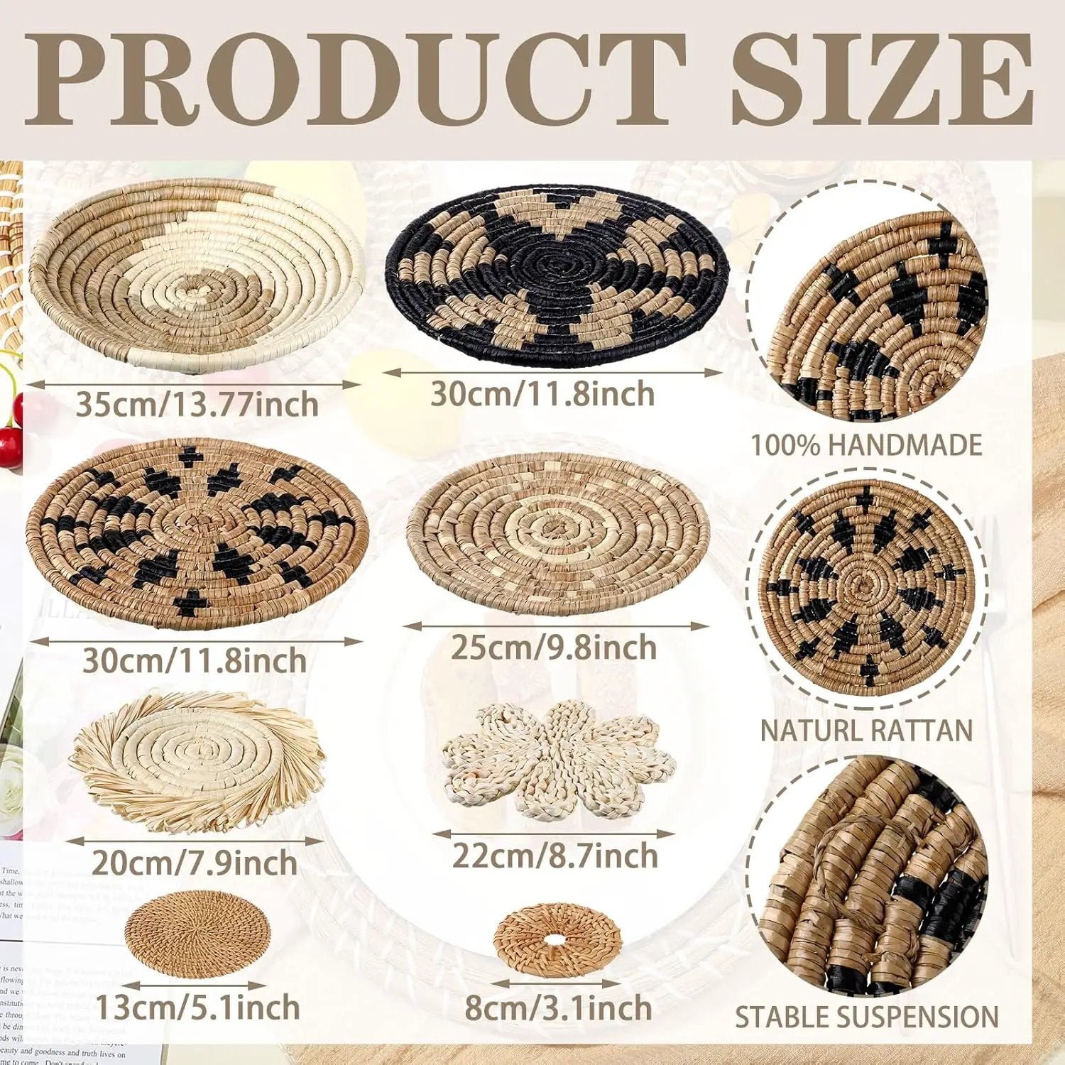 Xuhal 11 Pcs Boho Hanging Wall Basket Decor Handmade Woven Basket Wall Decorative Boho Wicker Baskets Placemats Round Farmhouse Bulrush Art for Rustic Home Decorations Christmas Gift(Rustic) by GreenHaven Gardens