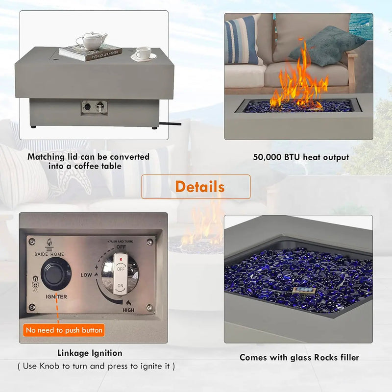 32.5-inch Fire Table with Natural Gas Conversion Kit, 50,000BTU Outdoor Modern Patio Fire Pit Table w/Square Burner Lid, Glass Rocks, Cover by GreenHaven Gardens