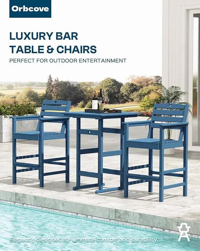 3-Piece Bar Height Patio Table and Chairs Set, HDPE Wood Grain Outdoor Bar Table and Chairs with Heart Cutout Design, Weather-Resistant Bar Height Furniture for Deck, Porch, Pool (Navy Blue) by GreenHaven Gardens