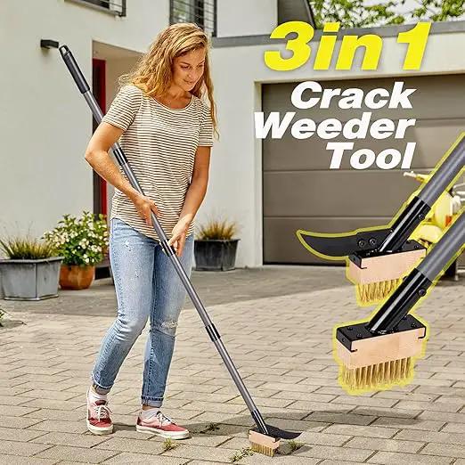 Walensee 3-in-1 Crack Weeder & Moss Remover Brush with 66.5-Inch Adjustable Handle, Weed Puller with 2 Replaceable Brush Heads and Scraper for Deck, Patio, Walkway, Driveway Crevice Cleaning Tool by GreenHaven Gardens