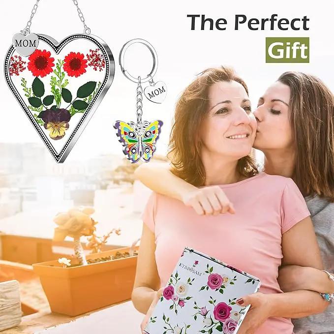 KY&BOSAM Heart Suncatcher Mom Gifts Glass Butterfly Suncatchers for Window Hanging with Pressed Flower Between Heart in Glass and Metal Charm Gifts for Mom Mother's Day Valentine's Birthday Christmas by GreenHaven Gardens