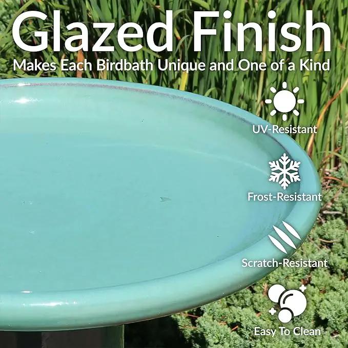 Sunnydaze 21" H Ceramic Bird Bath for Outside - Hand-Painted Outdoor Bird Bath Bowl, UV/Frost-Resistant Finish - Seafoam - Cut Out Pedestal by GreenHaven Gardens