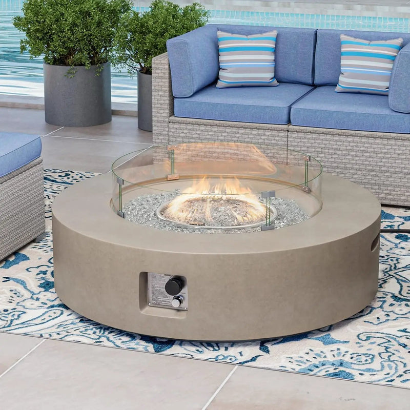 COSIEST Outdoor Propane Fire Pit Coffee Table w Gray 42 inch Round Base Patio Heater, CSA Certified, 50,000 BTU Stainless Steel Burner, Wind Guard, Transparent Gray Fire Glass, Rain Cover by GreenHaven Gardens