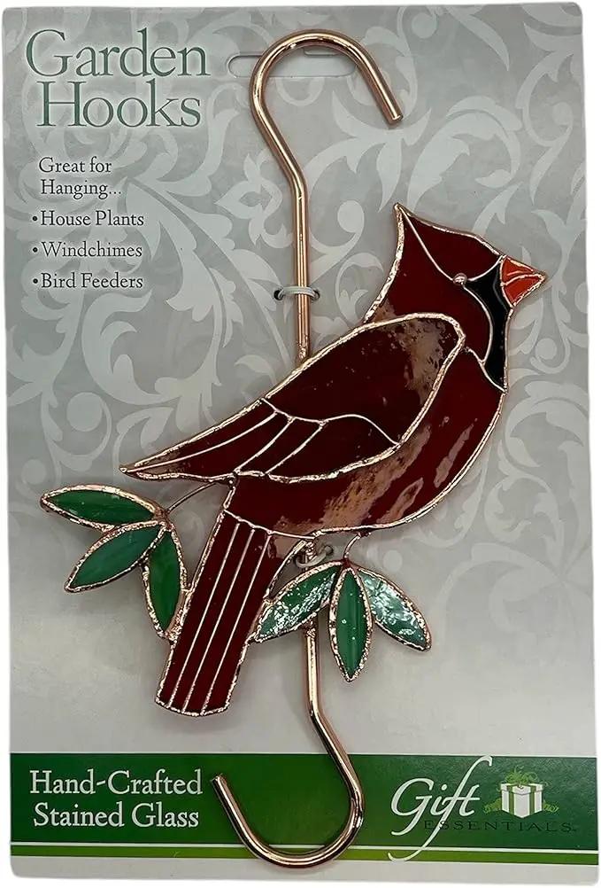 Stained Glass Hanging Plant Hook - Red Cardinal Sun Catcher with Copper S Hooks Top and Bottom for Indoor and Outdoor Use by GreenHaven Gardens