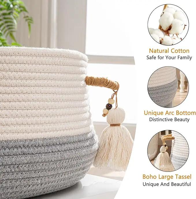 KAKAMAY Woven Baskets for Storage(16"x8"),Blanket Basket for Organizing Living Room,Cotton Rope Basket Woven Baby Laundry Hamper,Collapsible Laundry Room Organization,Clothes,Toy Chest(Grey) by GreenHaven Gardens