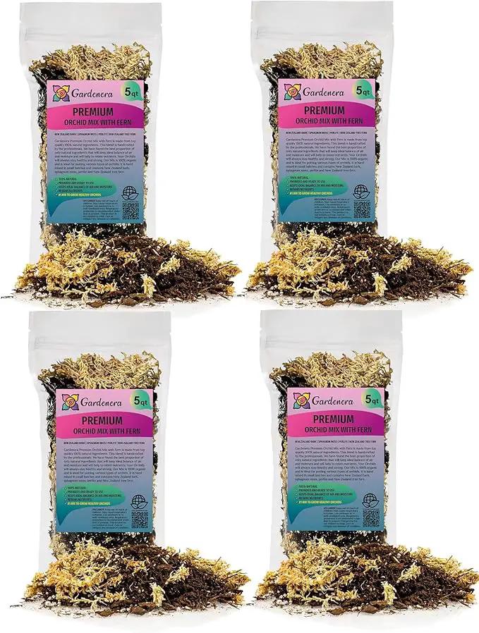 Premium Orchid Mix by GARDENERA - 20 Quart - Fern + New Zealand Pine Bark + Sphagnum Moss + Perlite | Best for Growing and Repotting Orchids (4 Bags of 5 QT) by GreenHaven Gardens
