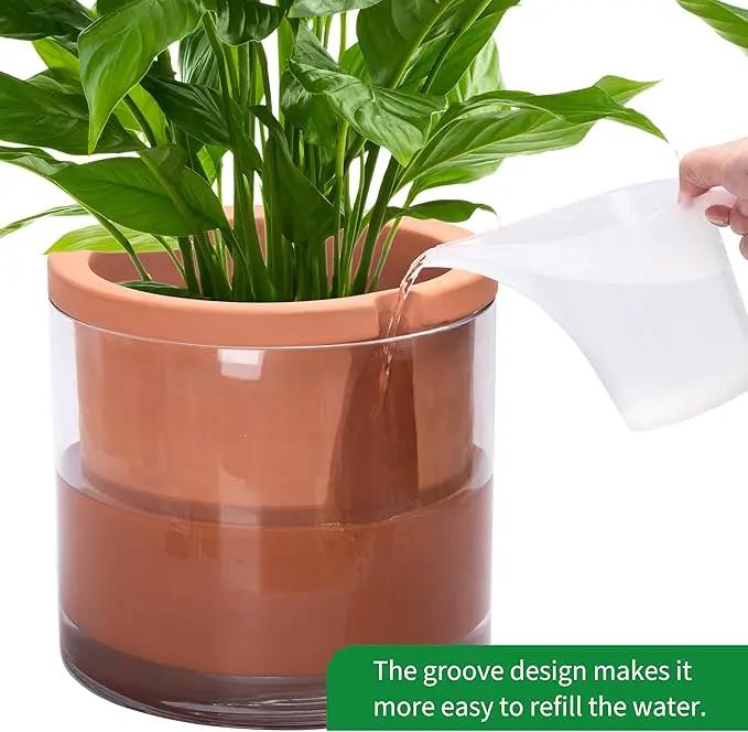 Phoenix Vine 10 Inch Self Watering Planter, White Terracotta Pot for Plants, Indoor Cylinder Terra Cotta Pot with Glass Vase by GreenHaven Gardens
