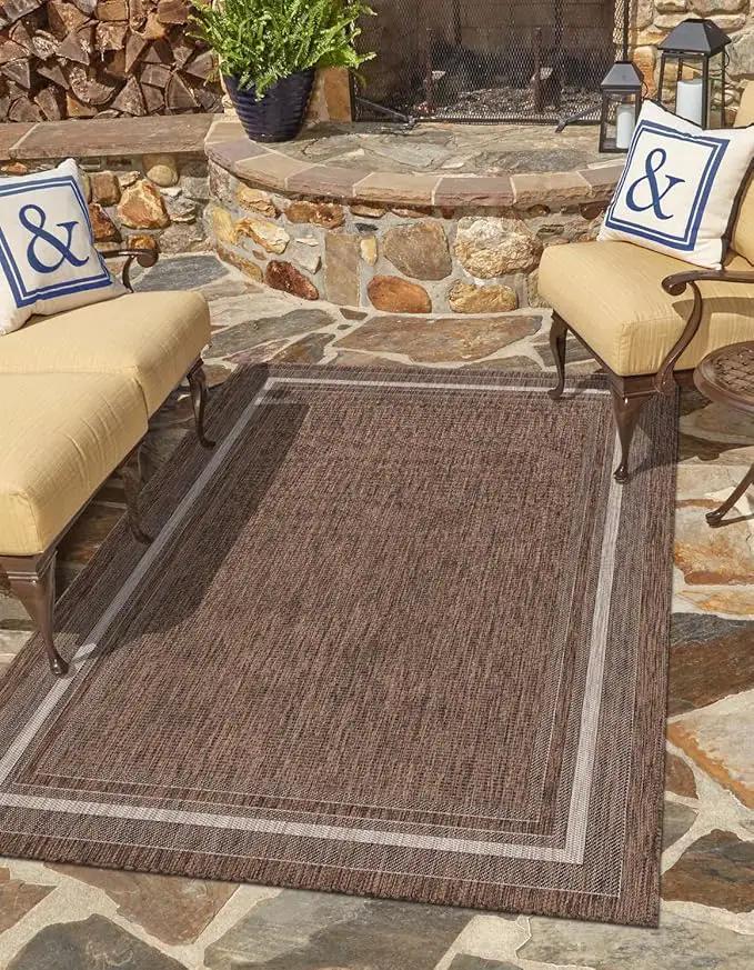 Unique Loom Outdoor Border Collection Area Rug - Soft Border (7' 10" x 10' Rectangle Brown/Ivory) by GreenHaven Gardens