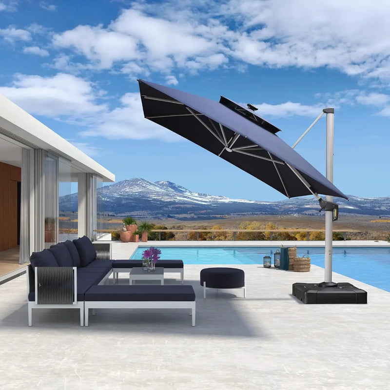 PURPLE LEAF 10' X 13' Double Top Deluxe Solar Powered LED Rectangle Patio Umbrella Offset Hanging Umbrella Outdoor Cantilever Umbrella, Navy Blue by GreenHaven Gardens